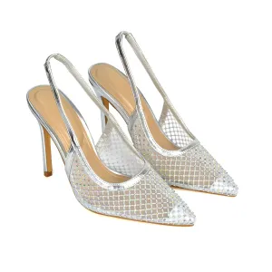 Louise Diamante Mesh Slingback Pointed Toe Stiletto High Heel Court Shoes in Silver