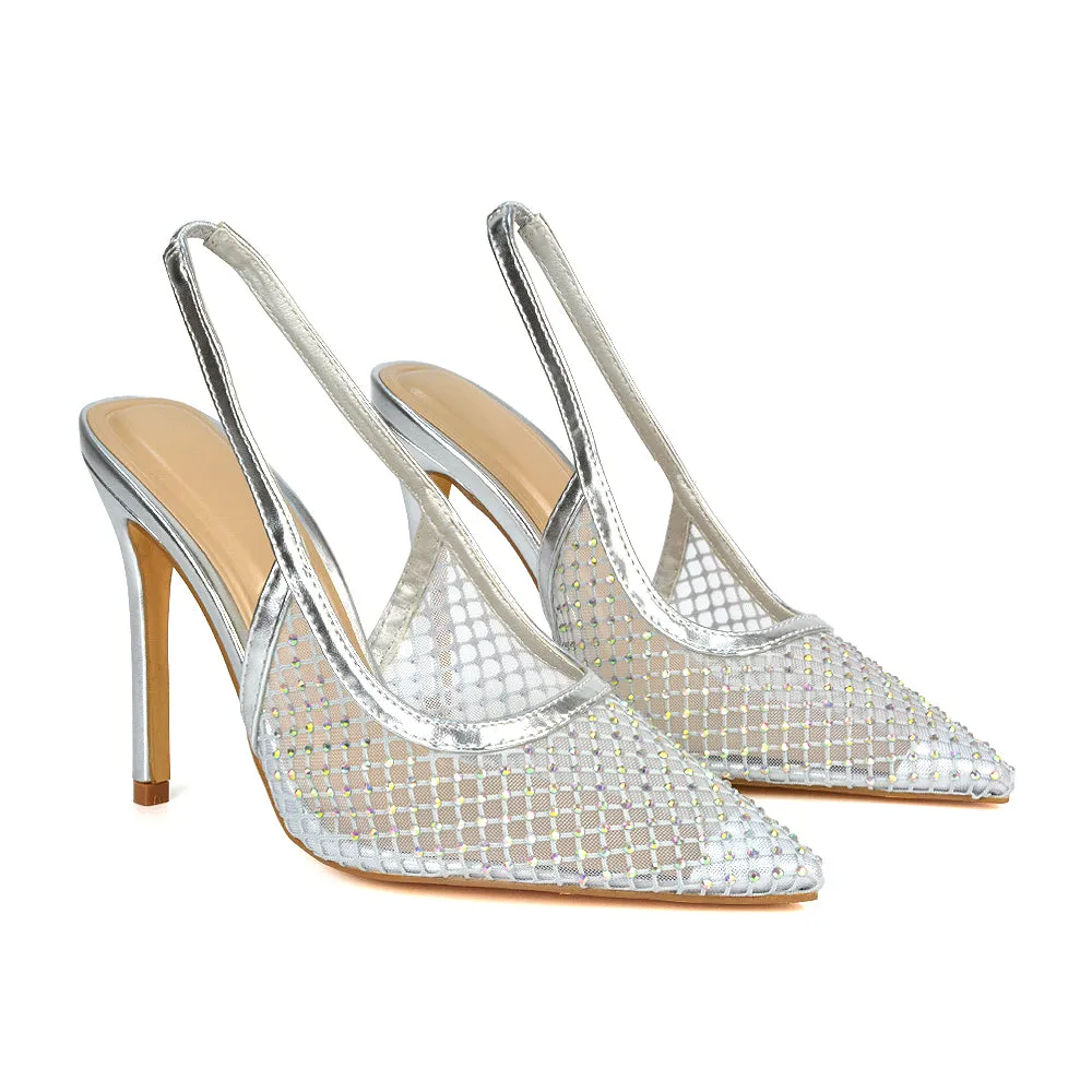 Louise Diamante Mesh Slingback Pointed Toe Stiletto High Heel Court Shoes in Silver