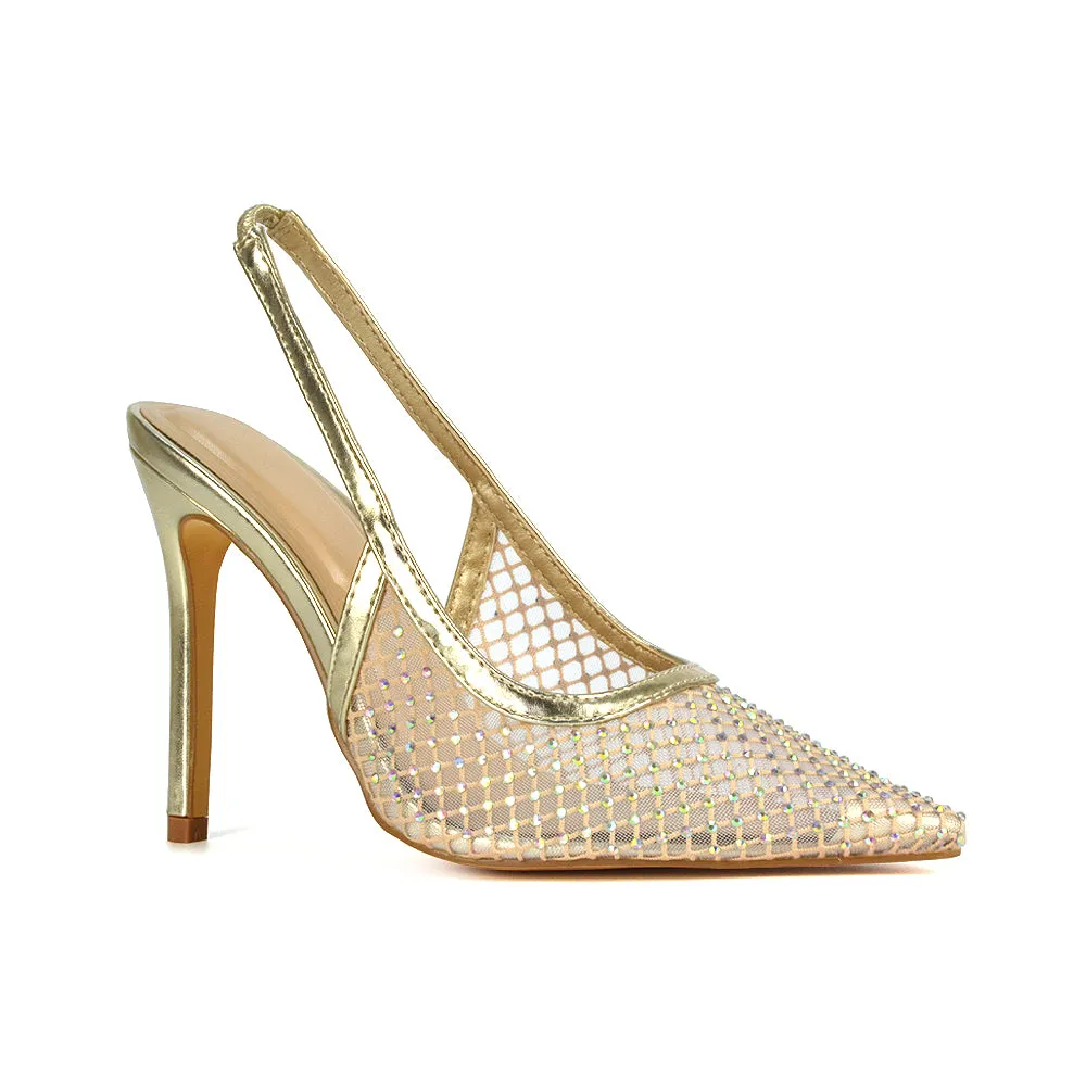 Louise Diamante Mesh Slingback Pointed Toe Stiletto High Heel Court Shoes in Silver