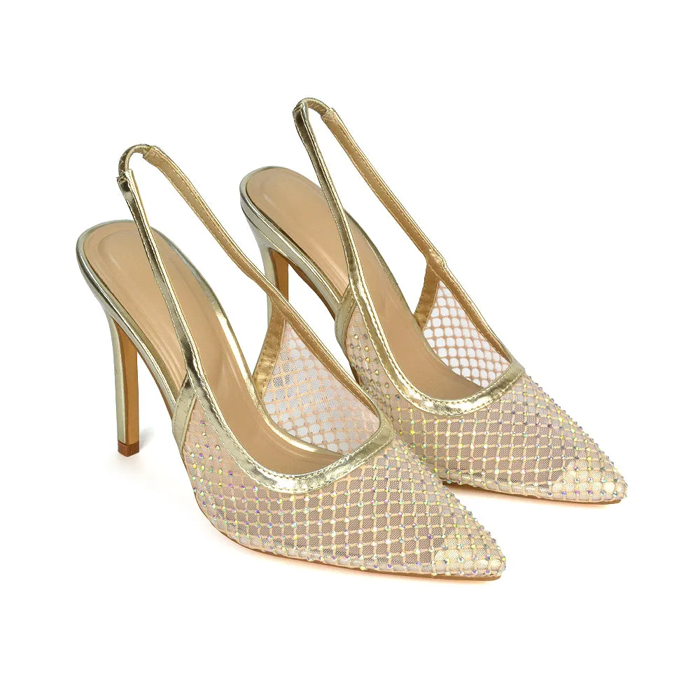 Louise Diamante Mesh Slingback Pointed Toe Stiletto High Heel Court Shoes in Silver