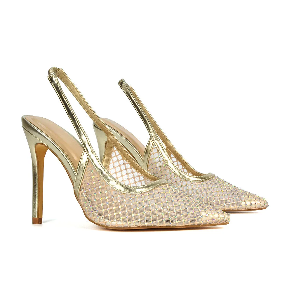 Louise Diamante Mesh Slingback Pointed Toe Stiletto High Heel Court Shoes in Silver