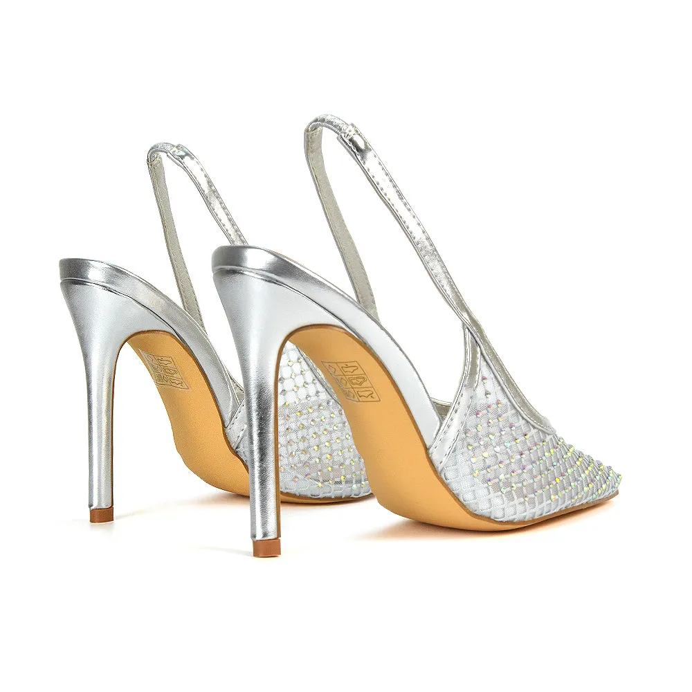 Louise Diamante Mesh Slingback Pointed Toe Stiletto High Heel Court Shoes in Silver