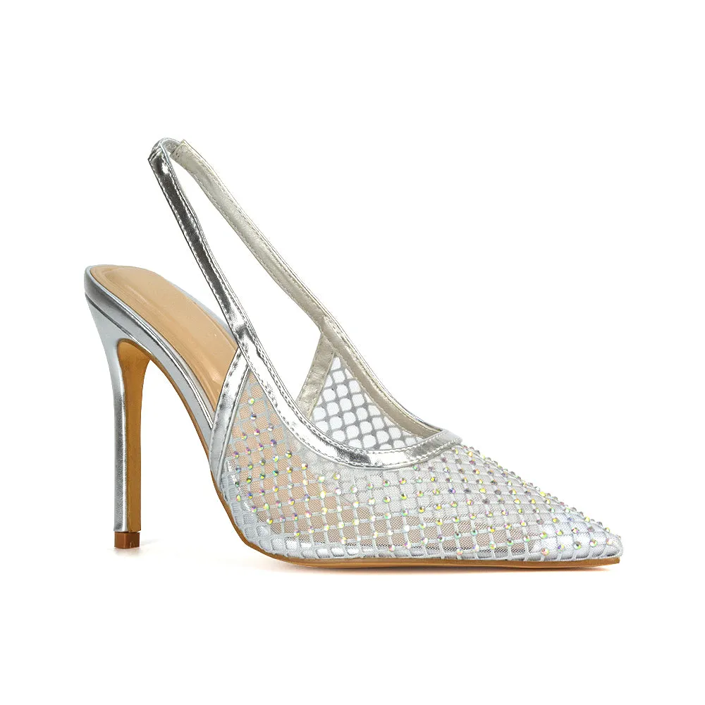 Louise Diamante Mesh Slingback Pointed Toe Stiletto High Heel Court Shoes in Silver