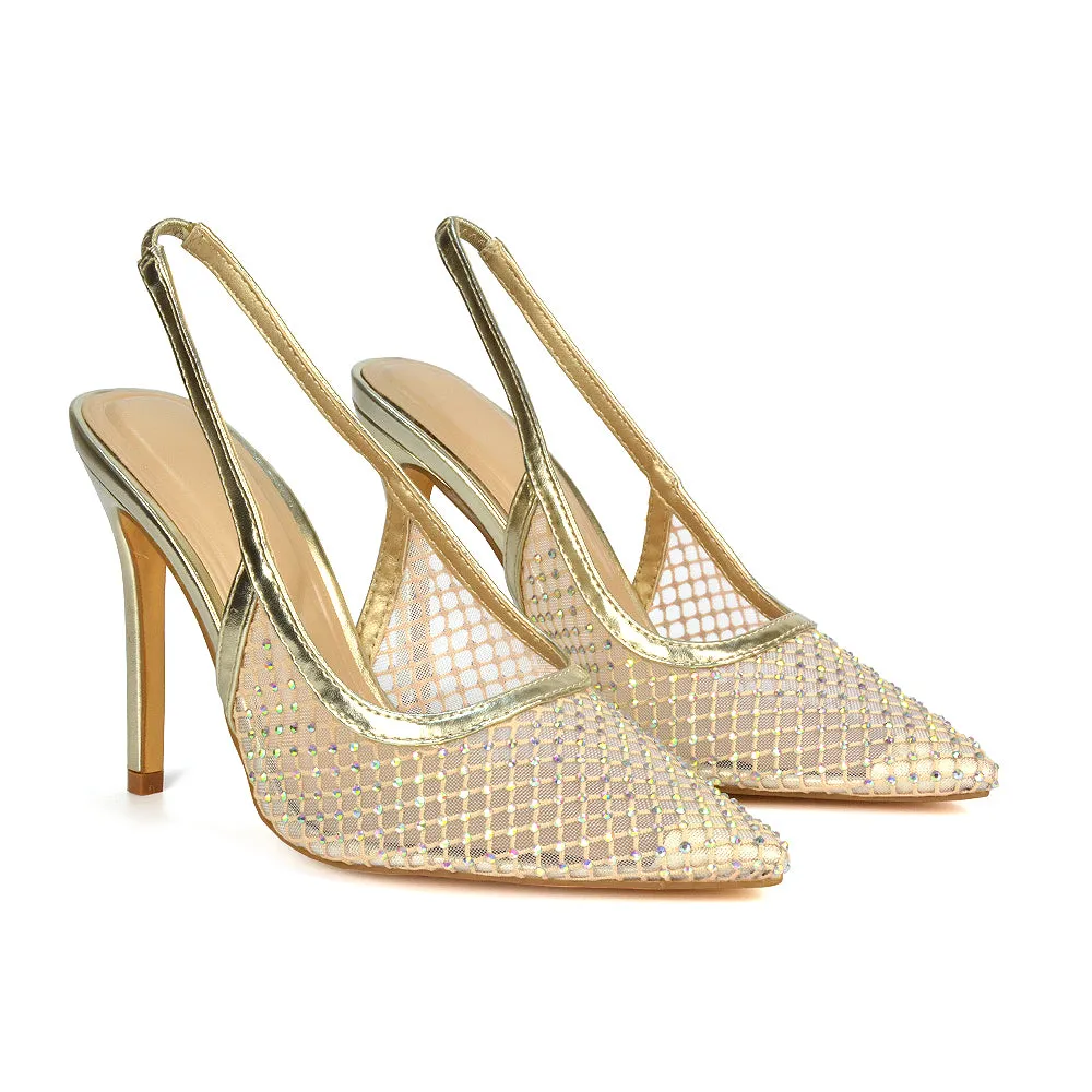 Louise Diamante Mesh Slingback Pointed Toe Stiletto High Heel Court Shoes in Silver