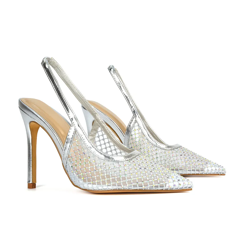 Louise Diamante Mesh Slingback Pointed Toe Stiletto High Heel Court Shoes in Silver