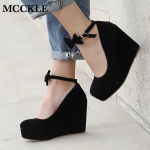 MCCKLE Women High Heels Plus Size Bowtie Platform Wedges Shoes Ladies Female Pumps Elegant Flock Buckle Strap Party Wedding Shoe