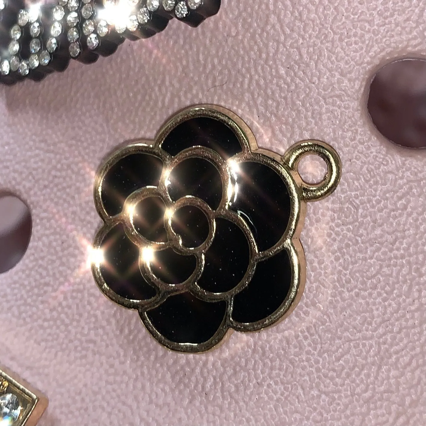 METAL SHOE CHARMS - BLACK ENAMEL CAMELLIA