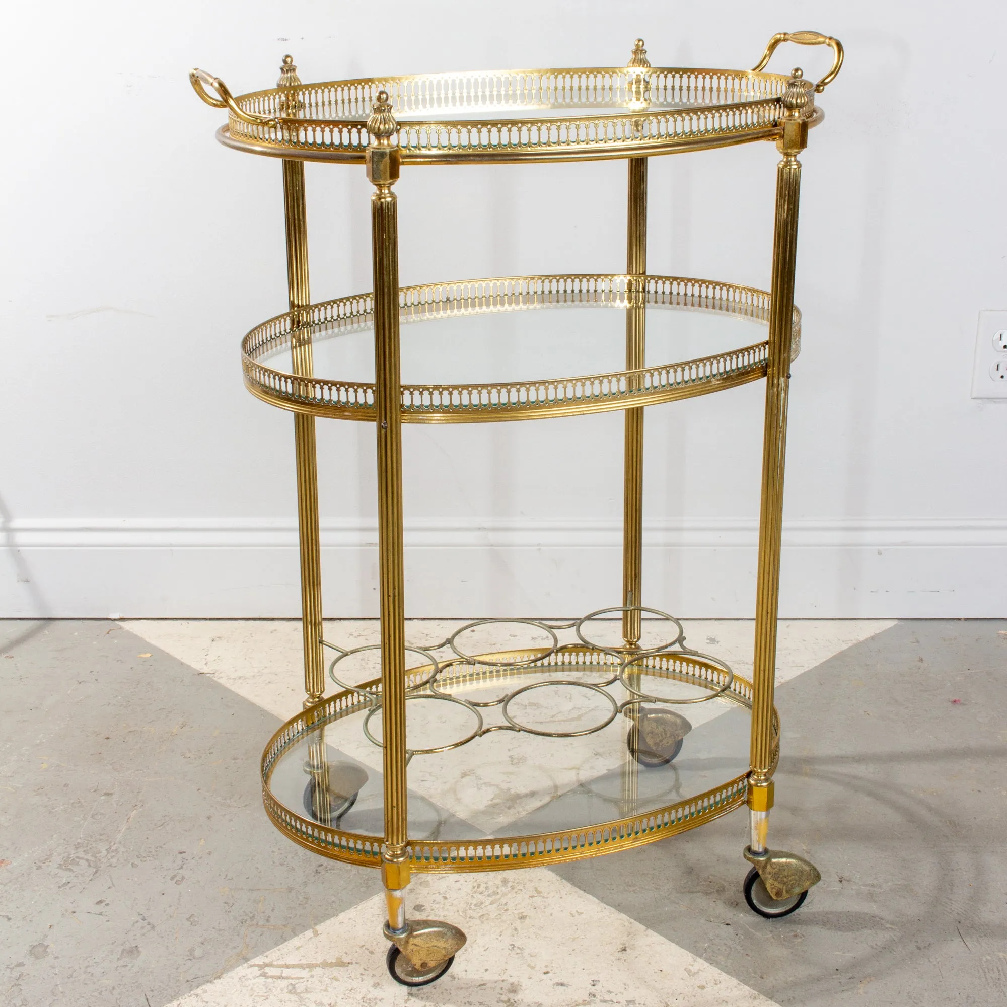 Mid-Century French Brass & Glass Oval Bar Cart with Removable Top Tray