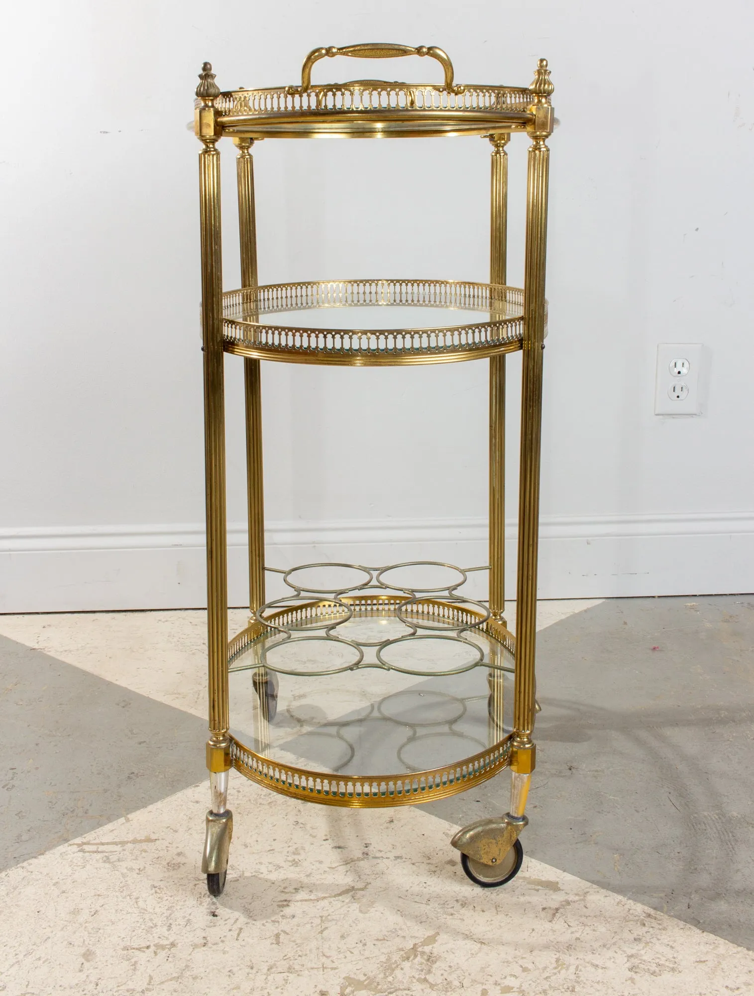 Mid-Century French Brass & Glass Oval Bar Cart with Removable Top Tray
