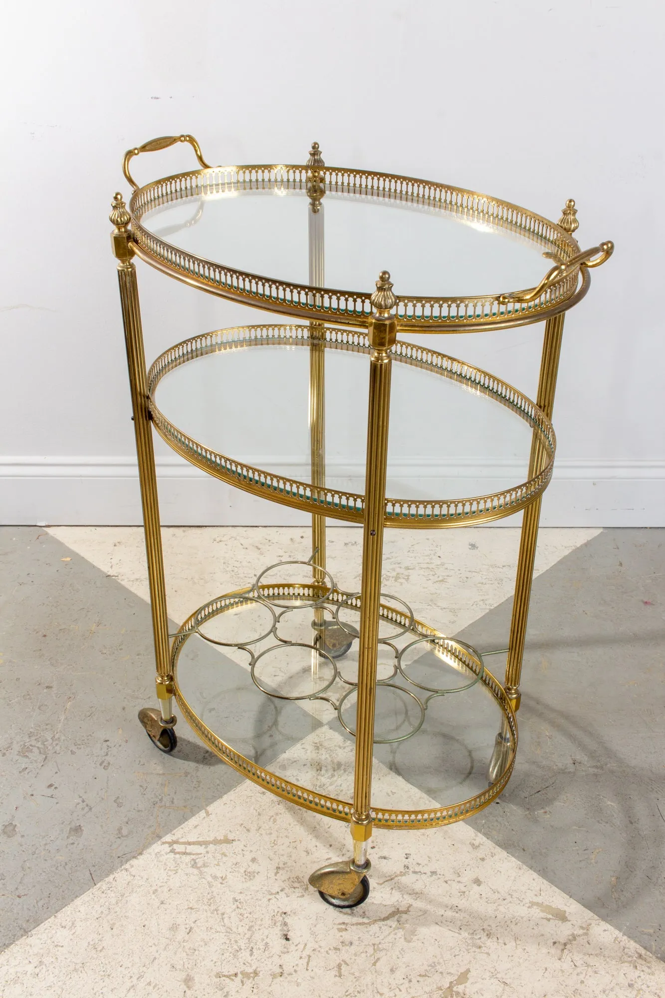 Mid-Century French Brass & Glass Oval Bar Cart with Removable Top Tray