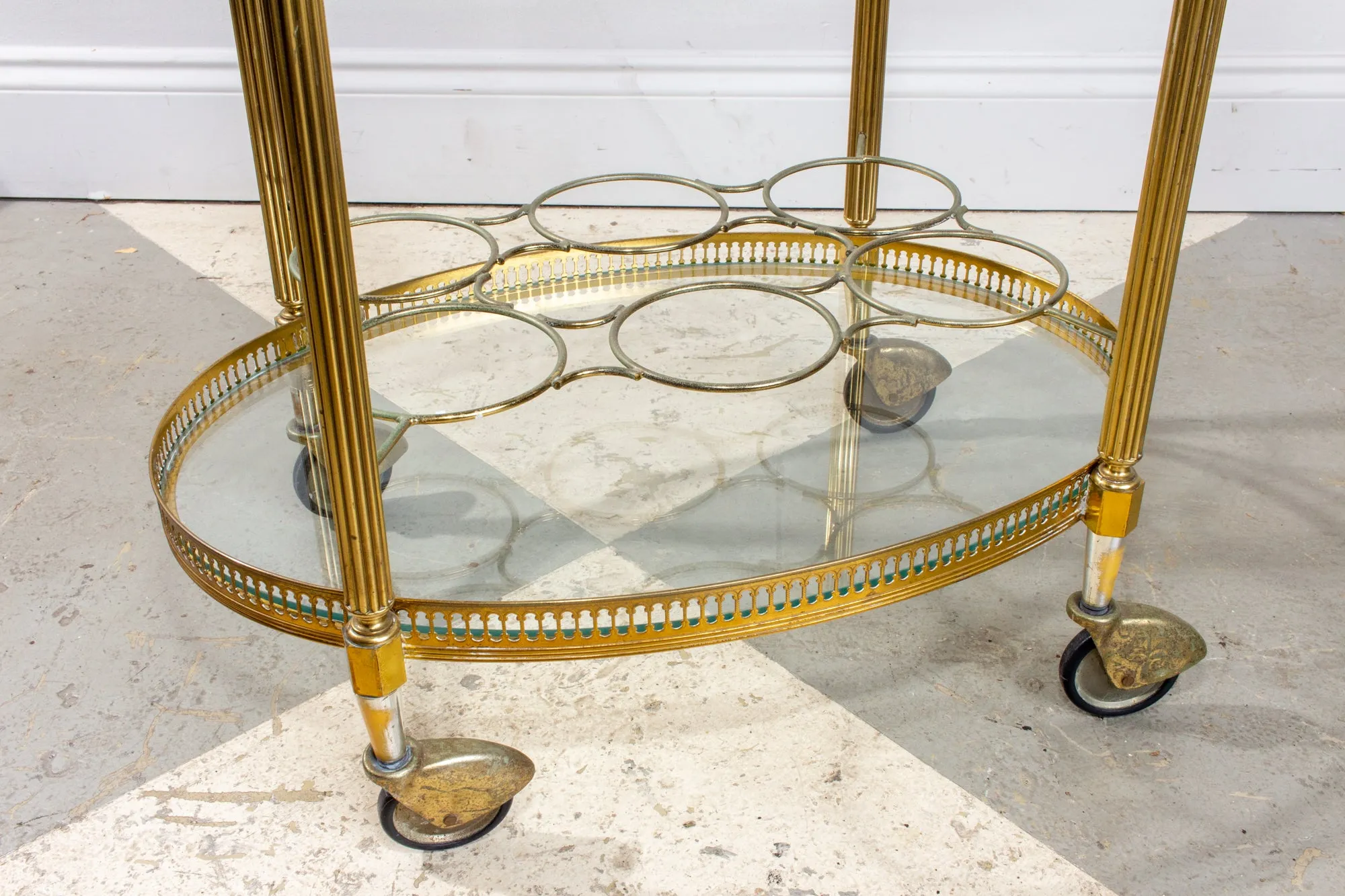Mid-Century French Brass & Glass Oval Bar Cart with Removable Top Tray