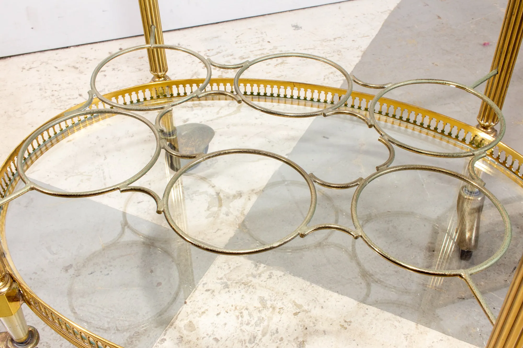Mid-Century French Brass & Glass Oval Bar Cart with Removable Top Tray