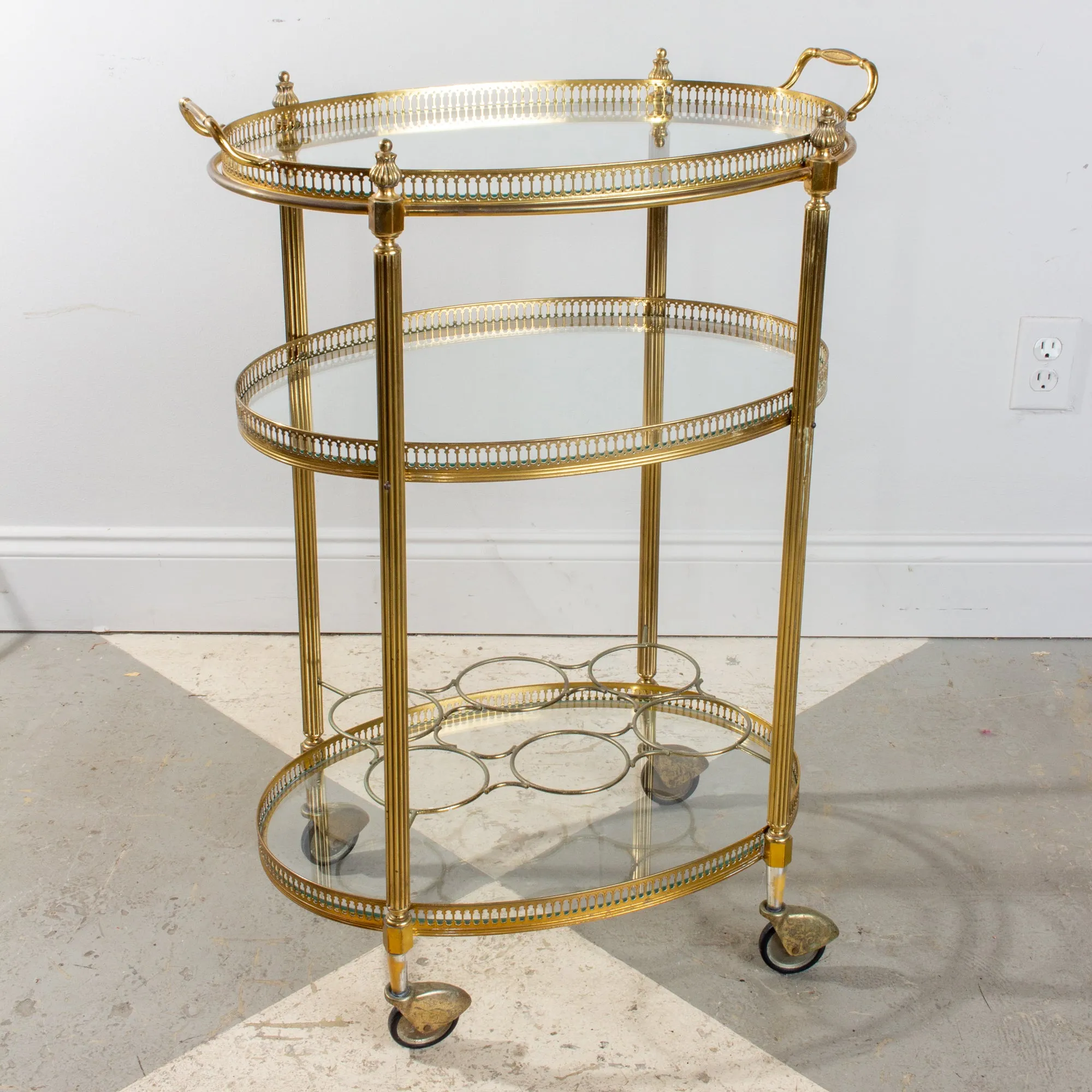 Mid-Century French Brass & Glass Oval Bar Cart with Removable Top Tray