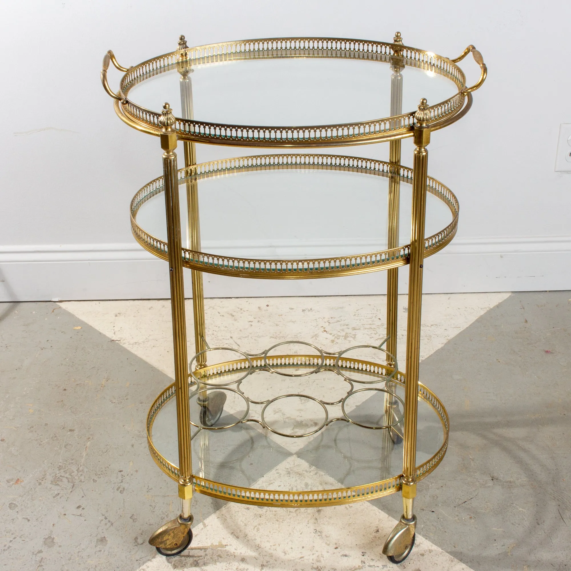 Mid-Century French Brass & Glass Oval Bar Cart with Removable Top Tray