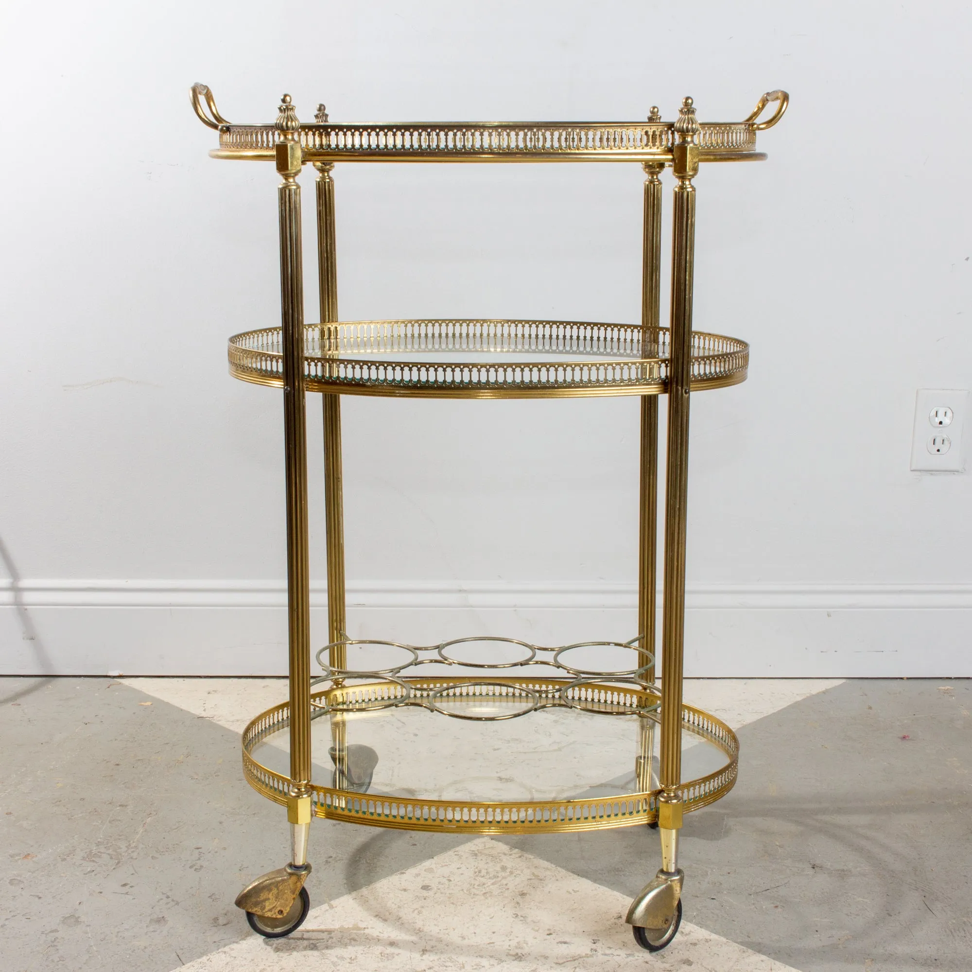 Mid-Century French Brass & Glass Oval Bar Cart with Removable Top Tray
