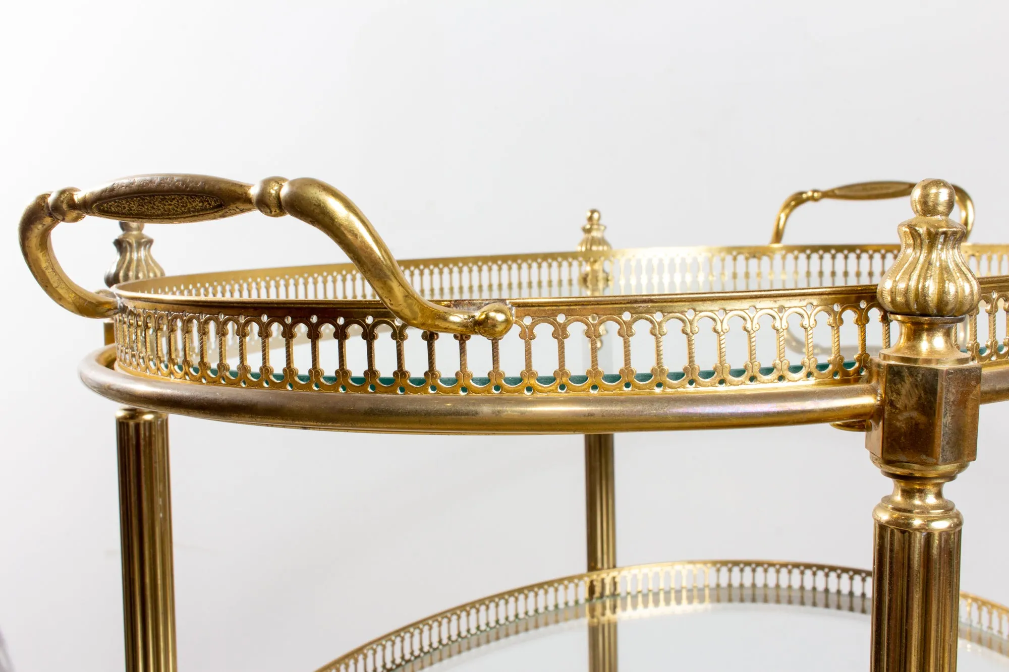 Mid-Century French Brass & Glass Oval Bar Cart with Removable Top Tray