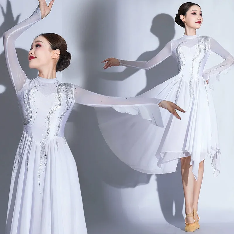 Modern Ballet Dance Dresses for Women Girls Elegant White Modern Ballet Dance Costumes Opening Dance Song Accompaniment Skirt