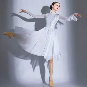 Modern Ballet Dance Dresses for Women Girls Elegant White Modern Ballet Dance Costumes Opening Dance Song Accompaniment Skirt