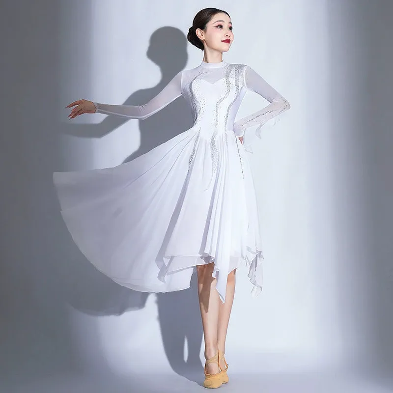 Modern Ballet Dance Dresses for Women Girls Elegant White Modern Ballet Dance Costumes Opening Dance Song Accompaniment Skirt