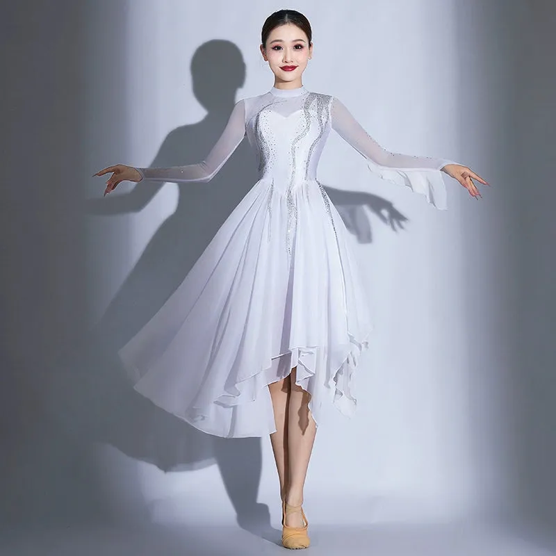 Modern Ballet Dance Dresses for Women Girls Elegant White Modern Ballet Dance Costumes Opening Dance Song Accompaniment Skirt