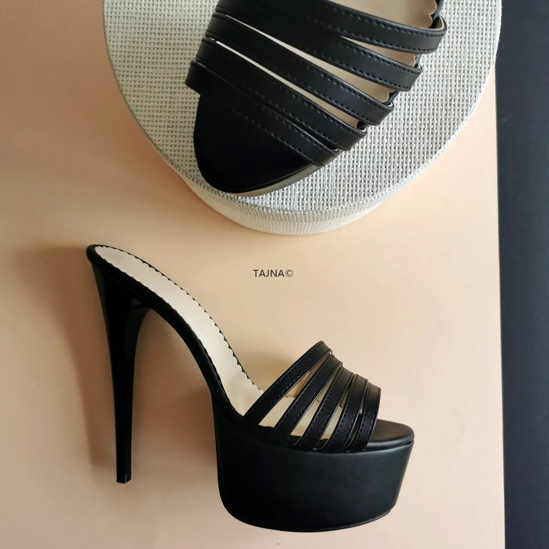 Multi Strap Black High Heel Mules
