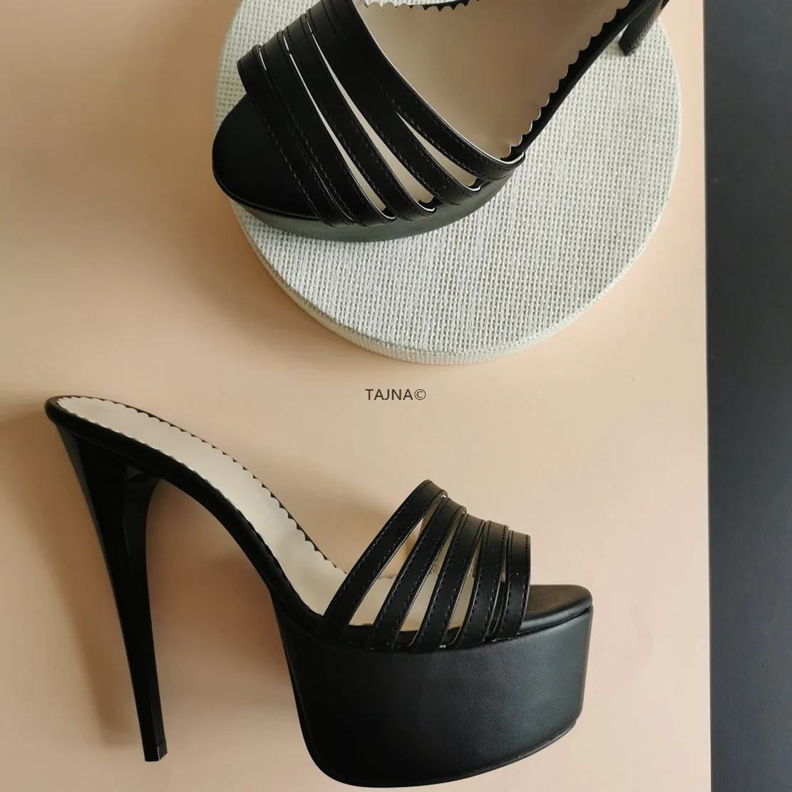 Multi Strap Black High Heel Mules