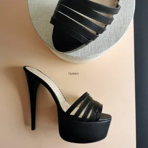 Multi Strap Black High Heel Mules