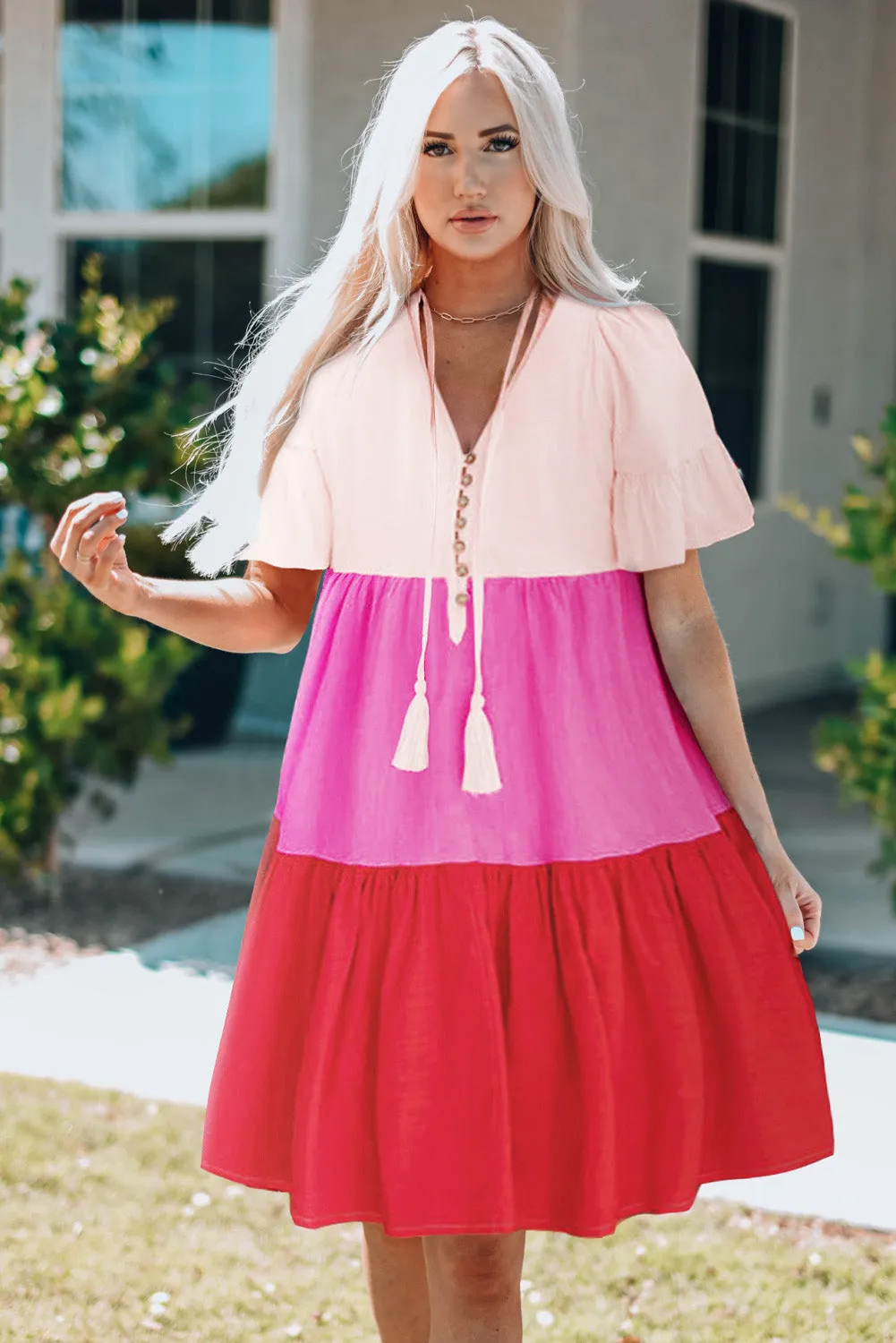 Multicolor Frill Tiered Colorblock A-line Sundress
