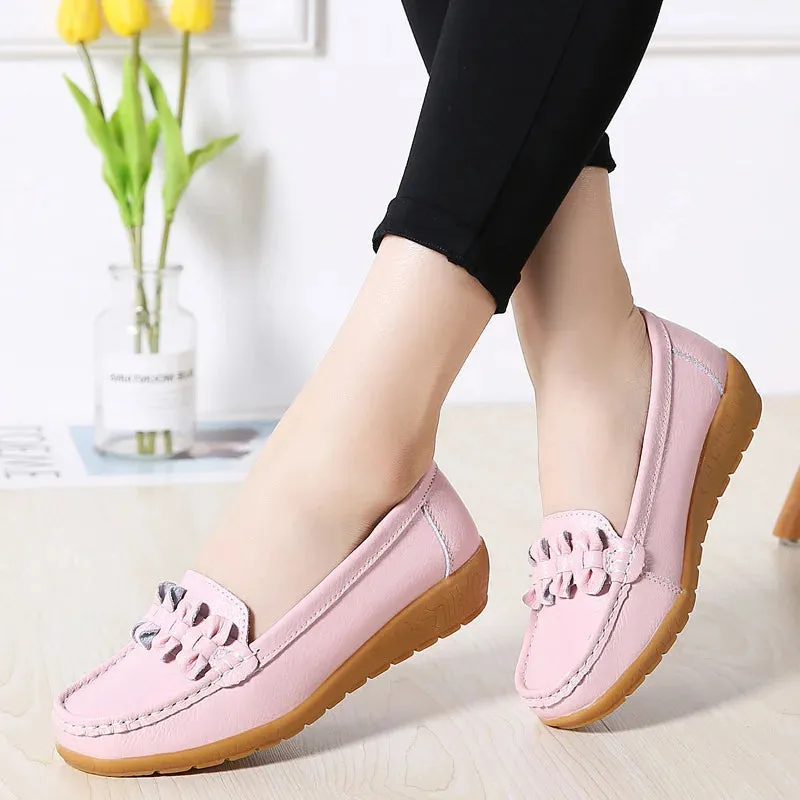 New Women's Flats – Genuine Leather Soft Boat Shoes, Non-Slip Sturdy Sole, Comfortable Loafers, Available in Big Sizes