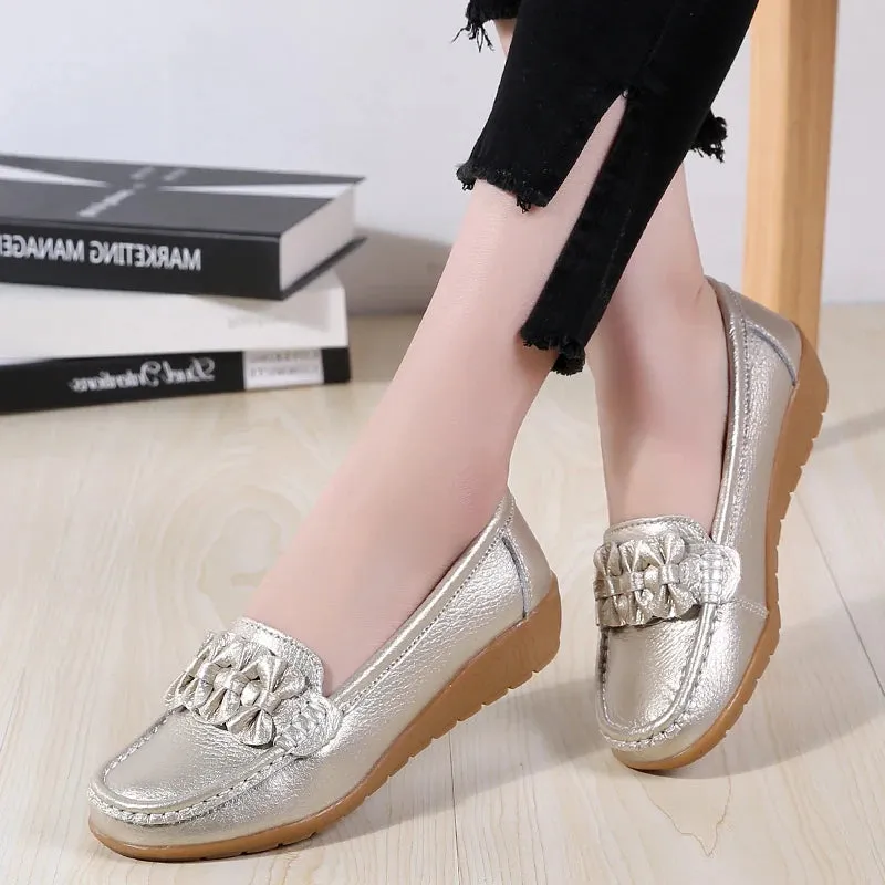 New Women's Flats – Genuine Leather Soft Boat Shoes, Non-Slip Sturdy Sole, Comfortable Loafers, Available in Big Sizes