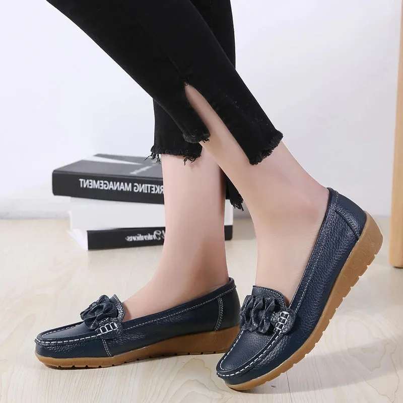 New Women's Flats – Genuine Leather Soft Boat Shoes, Non-Slip Sturdy Sole, Comfortable Loafers, Available in Big Sizes