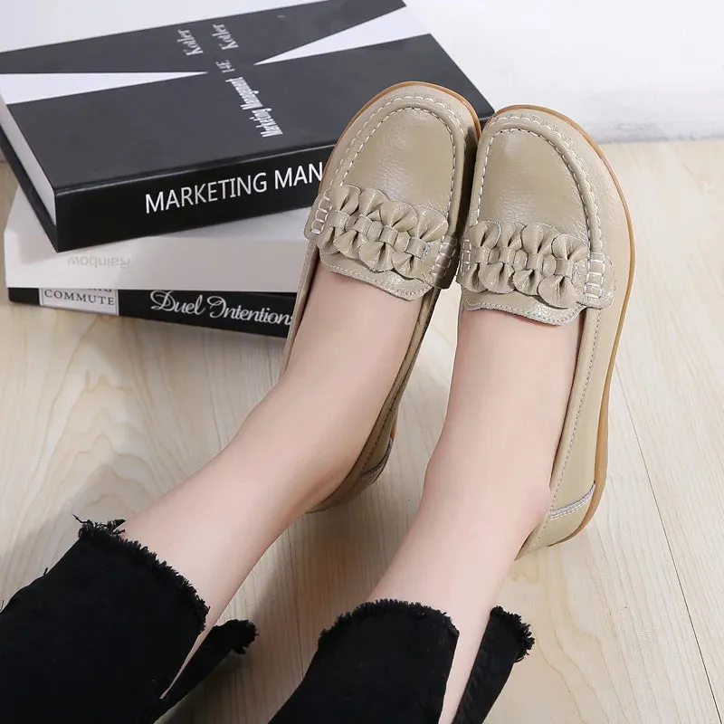 New Women's Flats – Genuine Leather Soft Boat Shoes, Non-Slip Sturdy Sole, Comfortable Loafers, Available in Big Sizes