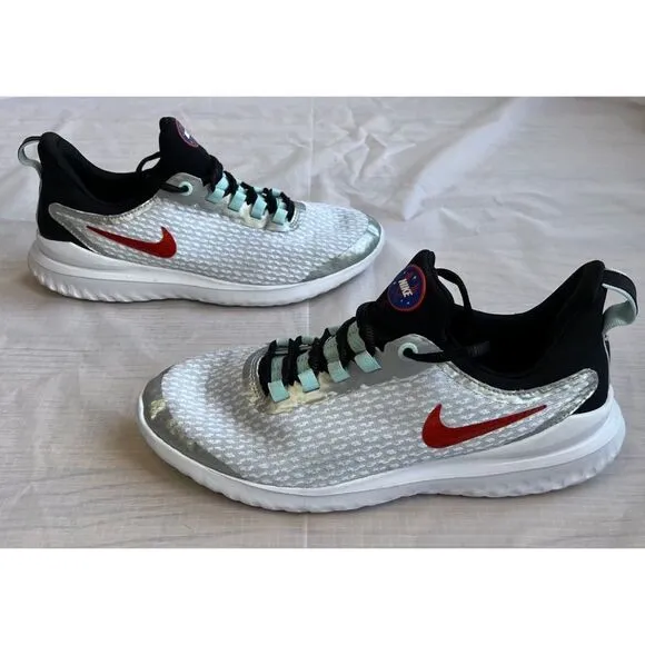 Nike Youth Renew Running Sneaker Rival White Silver Shoe Red Swoosh Size 7