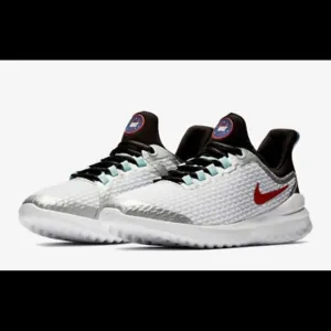 Nike Youth Renew Running Sneaker Rival White Silver Shoe Red Swoosh Size 7