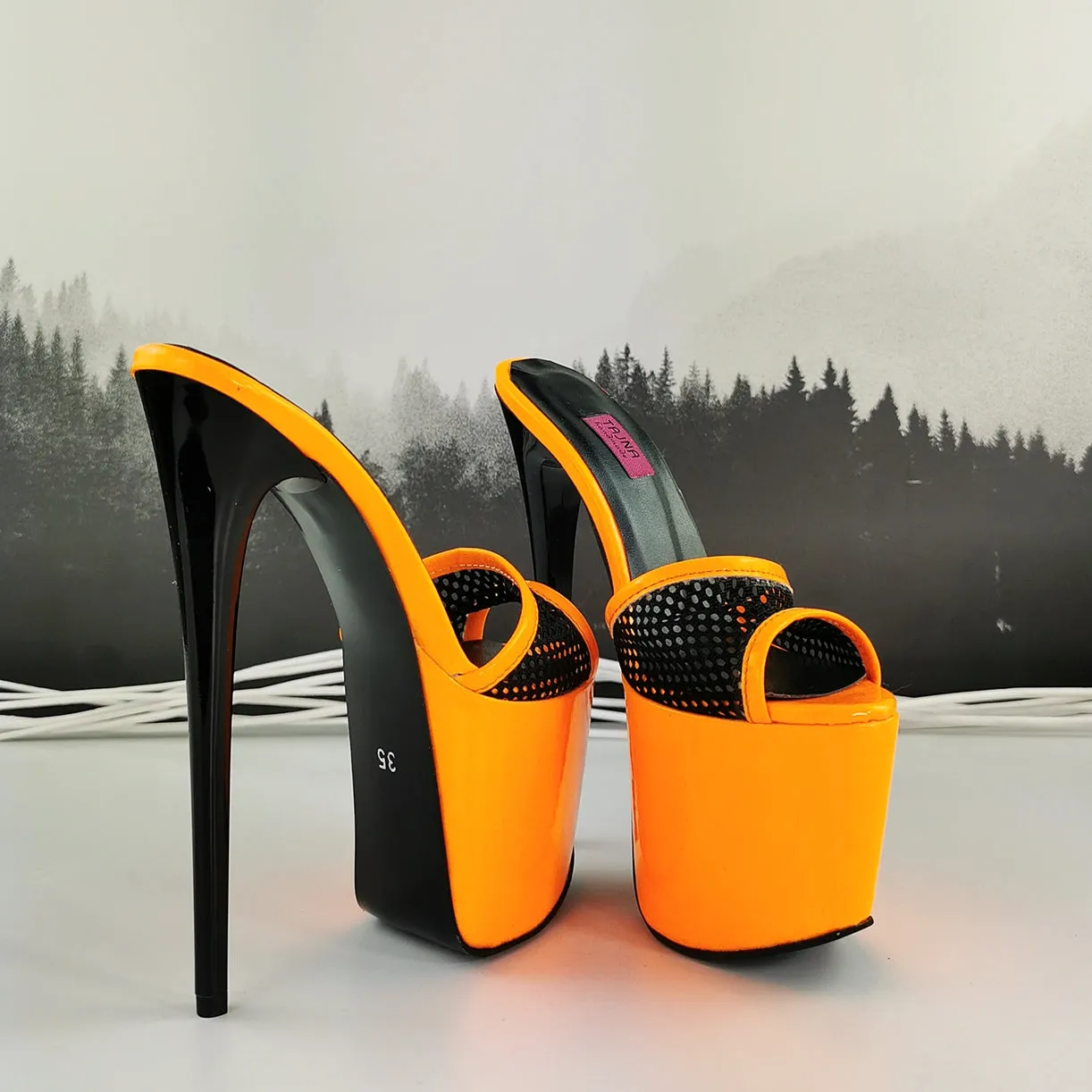 Orange Gloss Black Spider Strap Mules