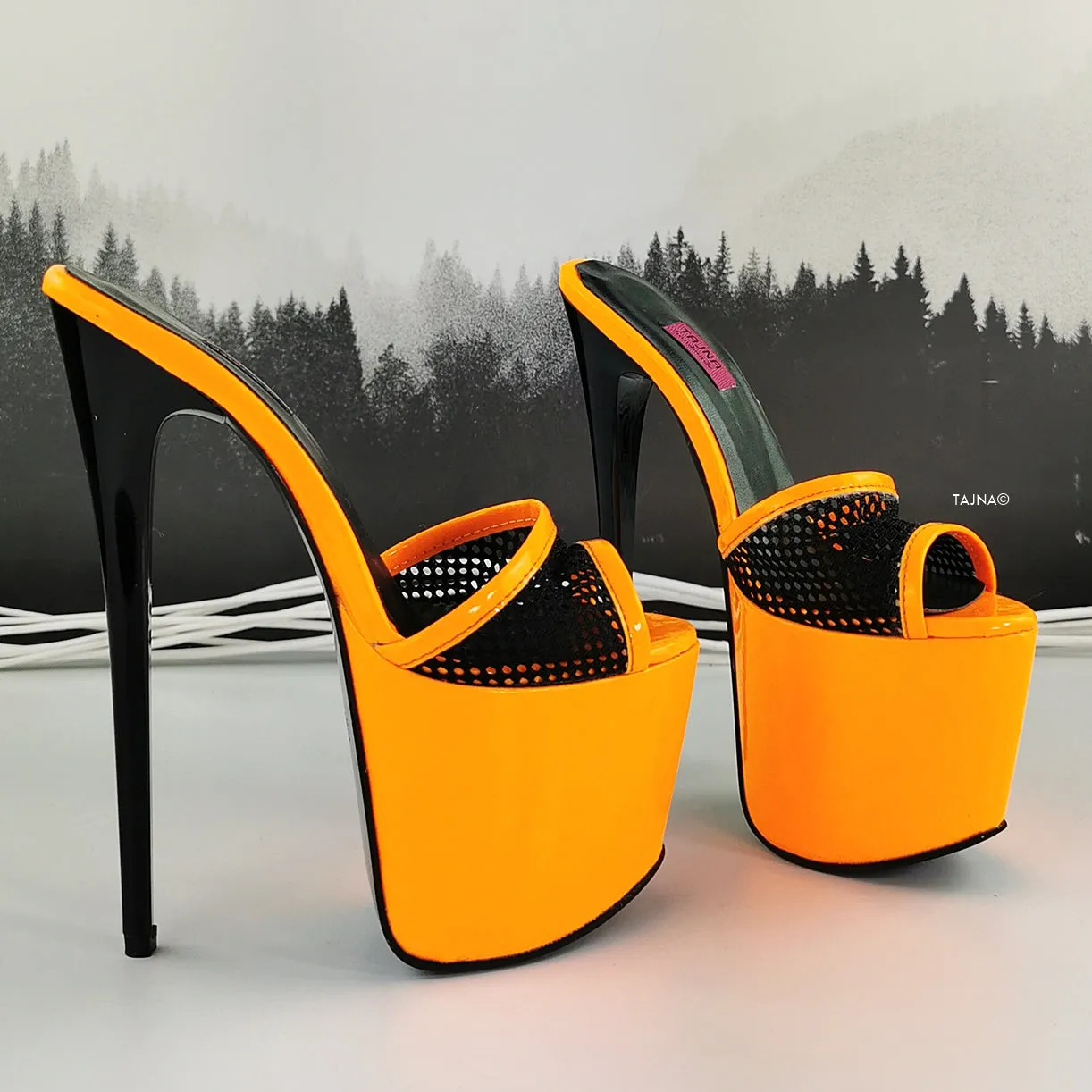 Orange Gloss Black Spider Strap Mules