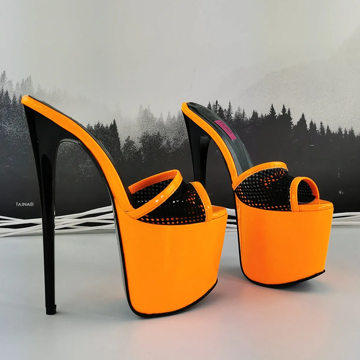 Orange Gloss Black Spider Strap Mules
