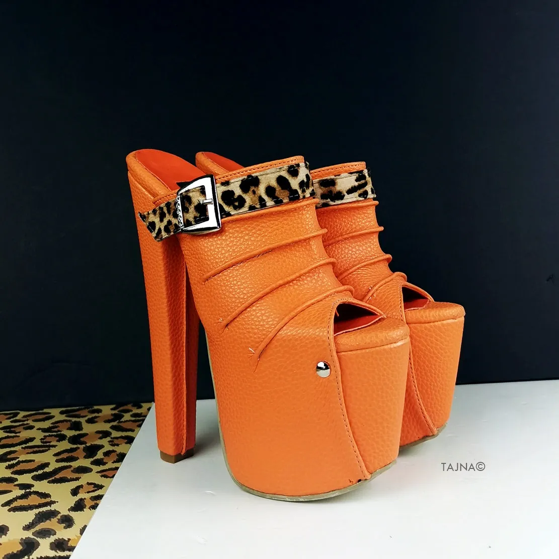Orange Leopard Detail Platform Mules