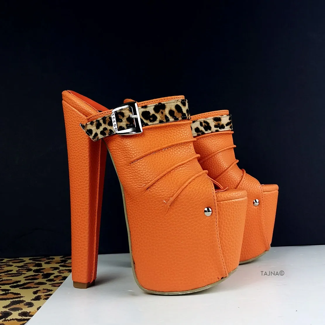 Orange Leopard Detail Platform Mules