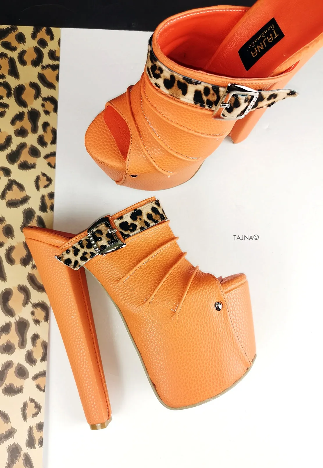 Orange Leopard Detail Platform Mules