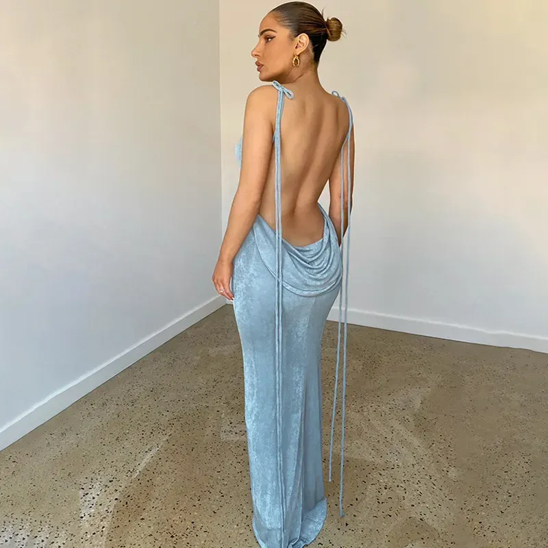 Pavlina Draped Tie-Back Halter Bodycon Maxi Dress