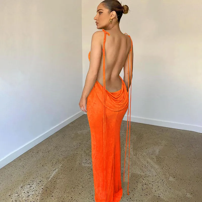 Pavlina Draped Tie-Back Halter Bodycon Maxi Dress