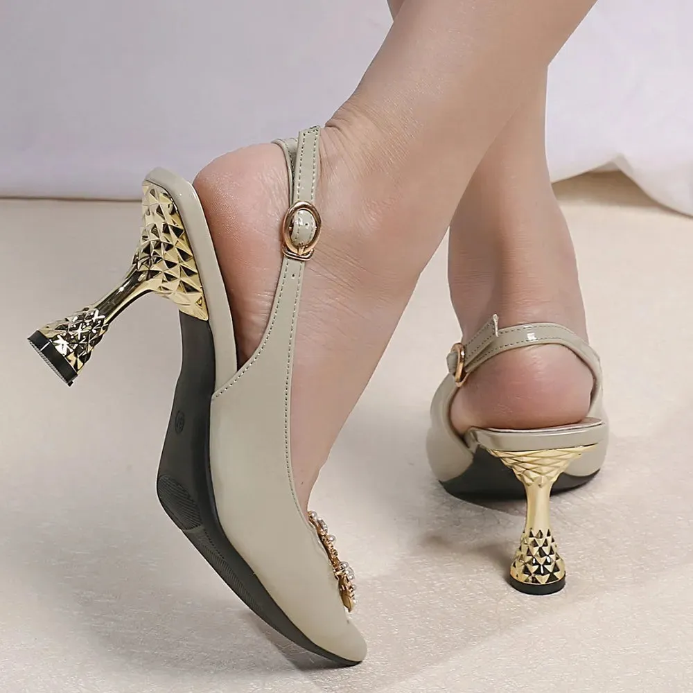 Pearl Detail Point Toe Slingback Pumps