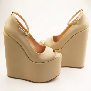 Peep Toe Cream Ankle Strap Platform Wedge Shoes