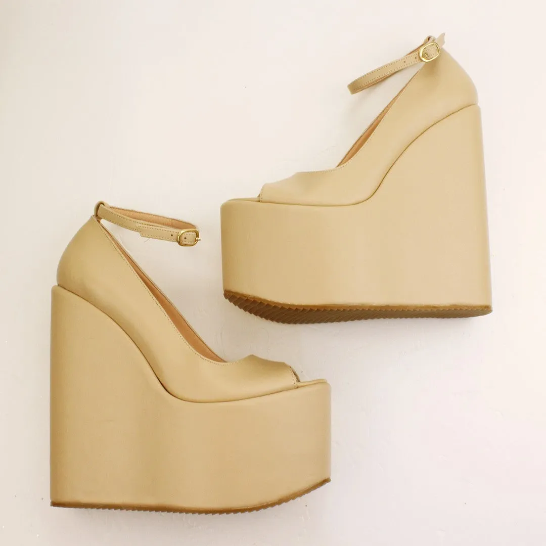 Peep Toe Cream Ankle Strap Platform Wedge Shoes
