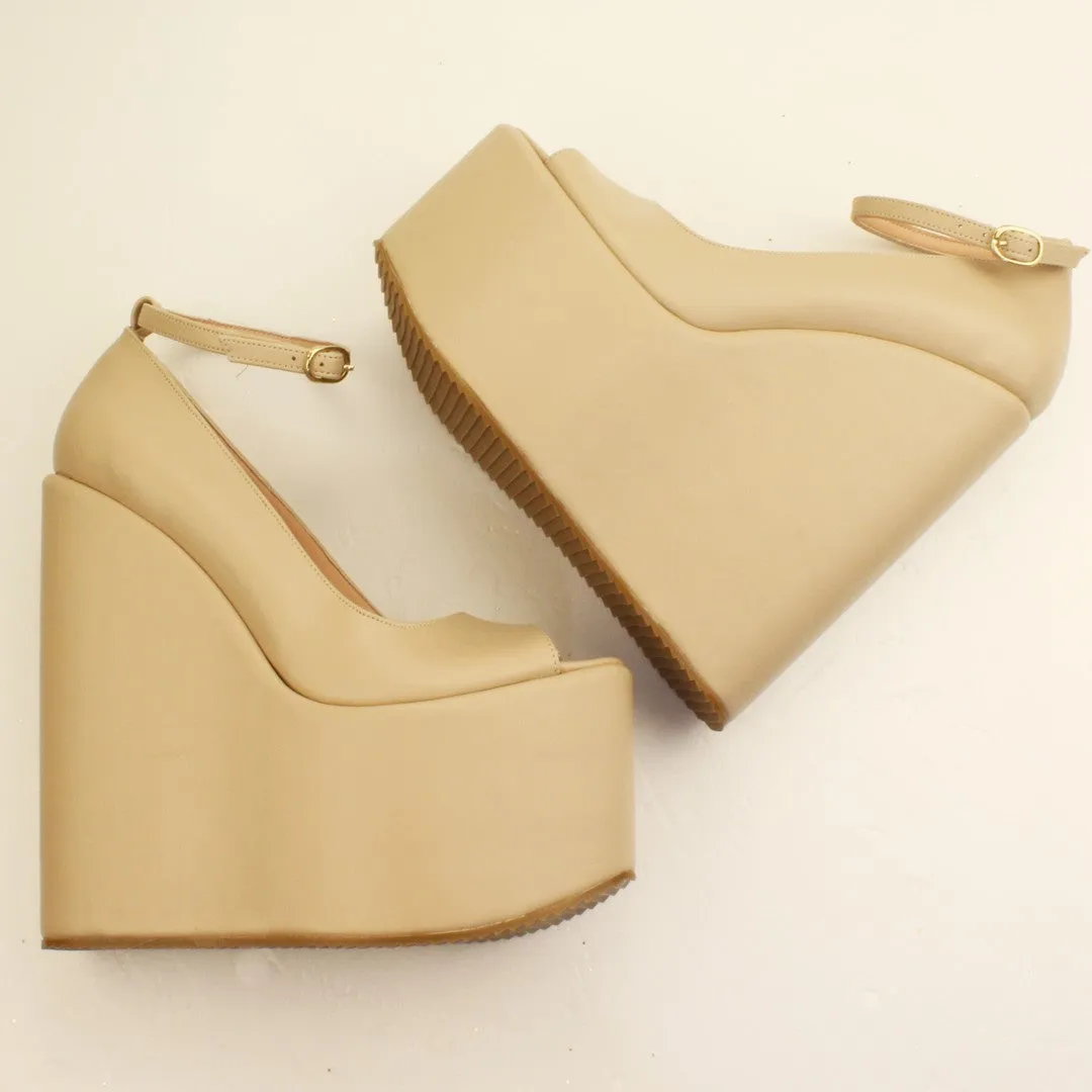Peep Toe Cream Ankle Strap Platform Wedge Shoes