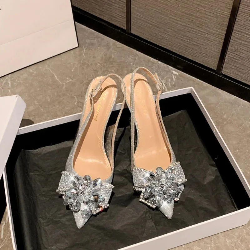 Pointy Girl Design Temperament Sandals Rhinestone Sequin French Cinderella Wedding Shoes Women Silver Heels