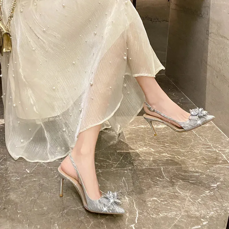 Pointy Girl Design Temperament Sandals Rhinestone Sequin French Cinderella Wedding Shoes Women Silver Heels