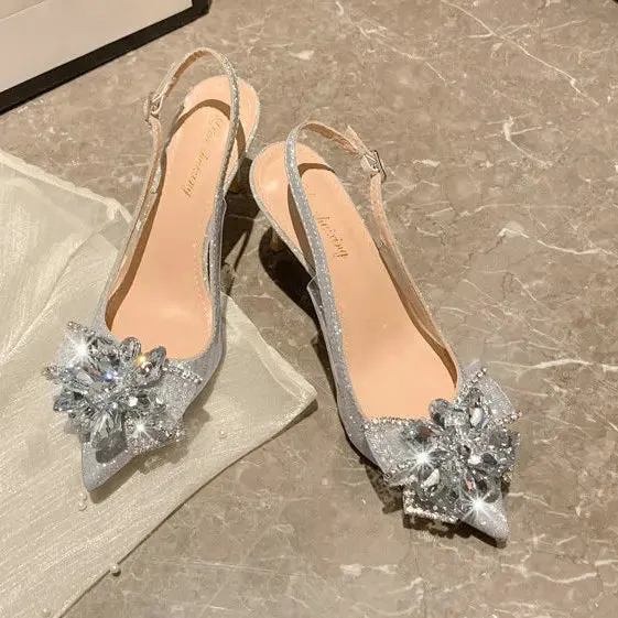 Pointy Girl Design Temperament Sandals Rhinestone Sequin French Cinderella Wedding Shoes Women Silver Heels