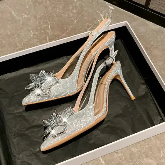 Pointy Girl Design Temperament Sandals Rhinestone Sequin French Cinderella Wedding Shoes Women Silver Heels